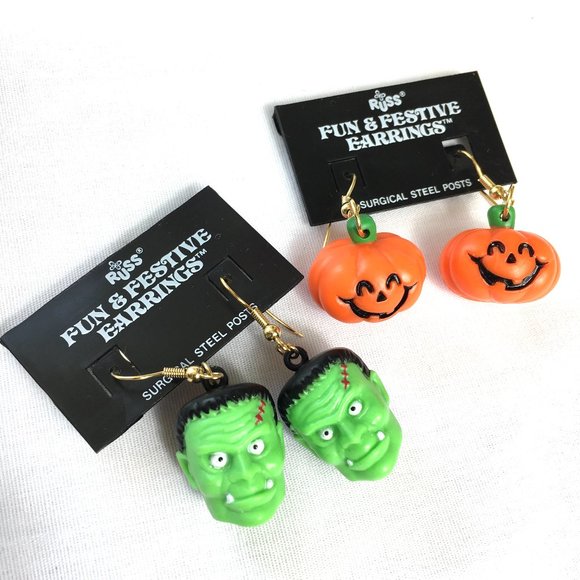 VTG Russ Frankenstein & Pumpkin Dangle Earrings NWT - Picture 2 of 4